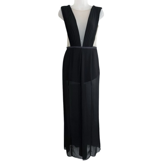 BEBE Size 4 Black Nude Mesh Sexy Chiffon Sleeveless Palazzo Slit Pants Jumpsuit - Picture 2 of 13